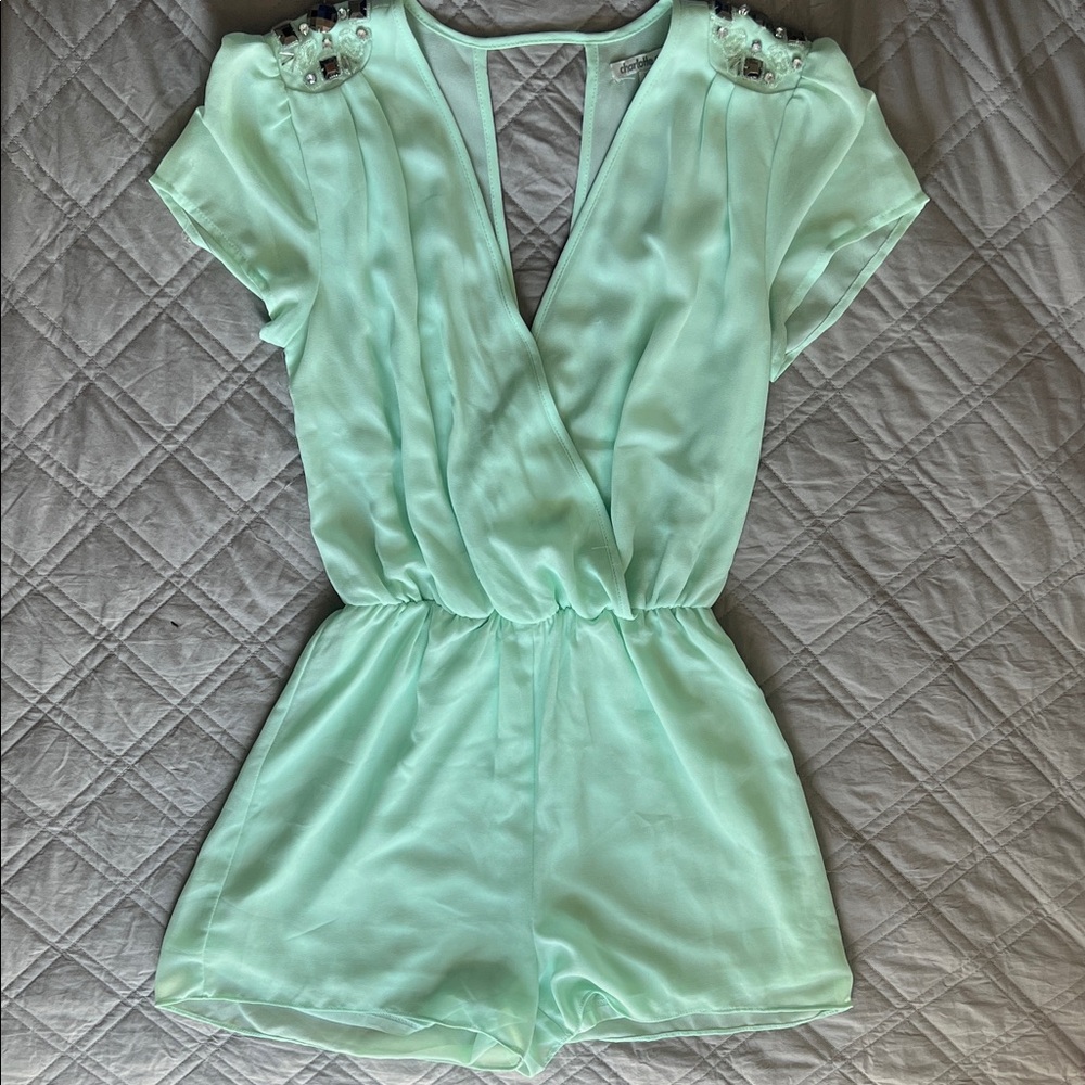 Charlotte Russe Light Green Romper with Decorative Shoulders
